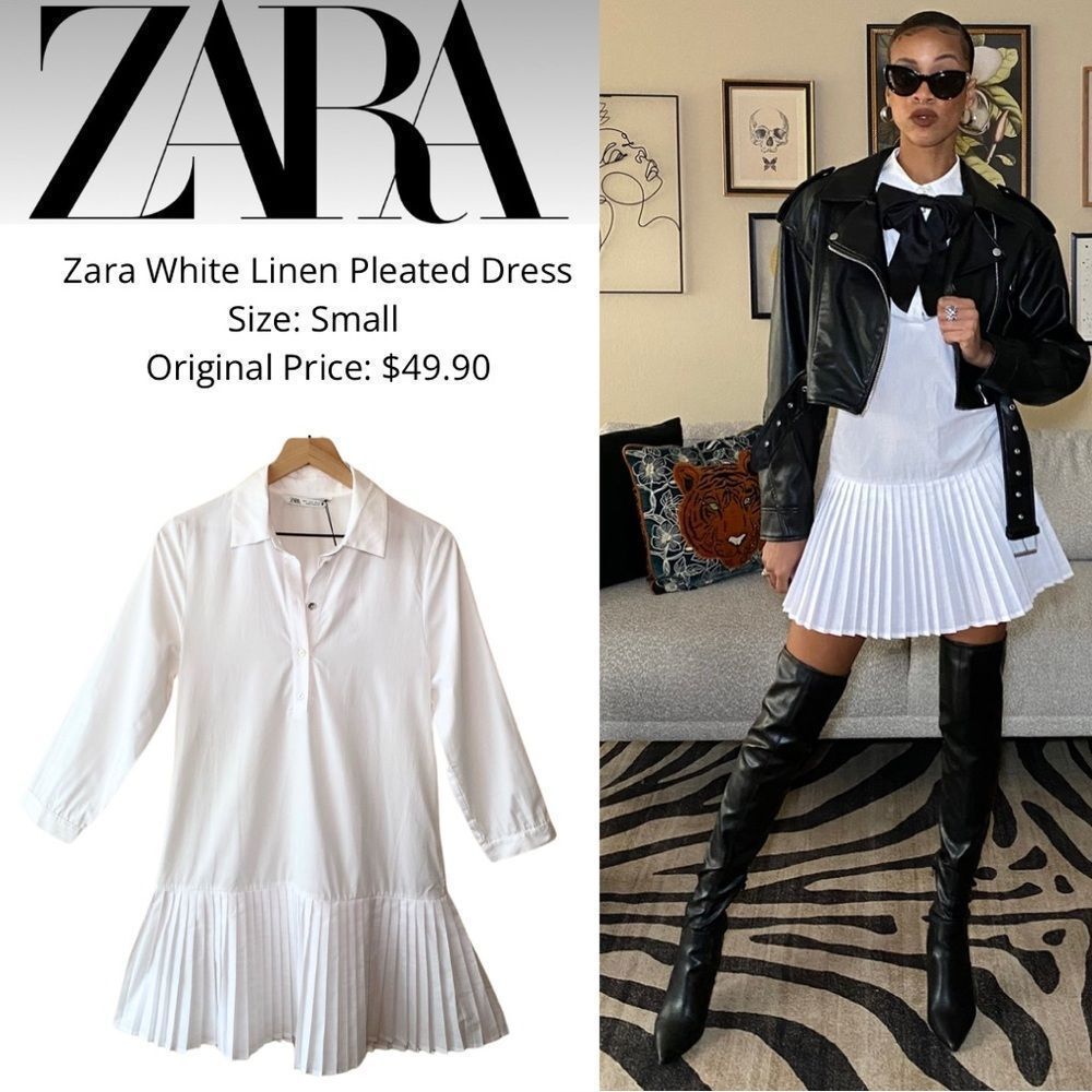 Zara White Linen Pleated Dresss